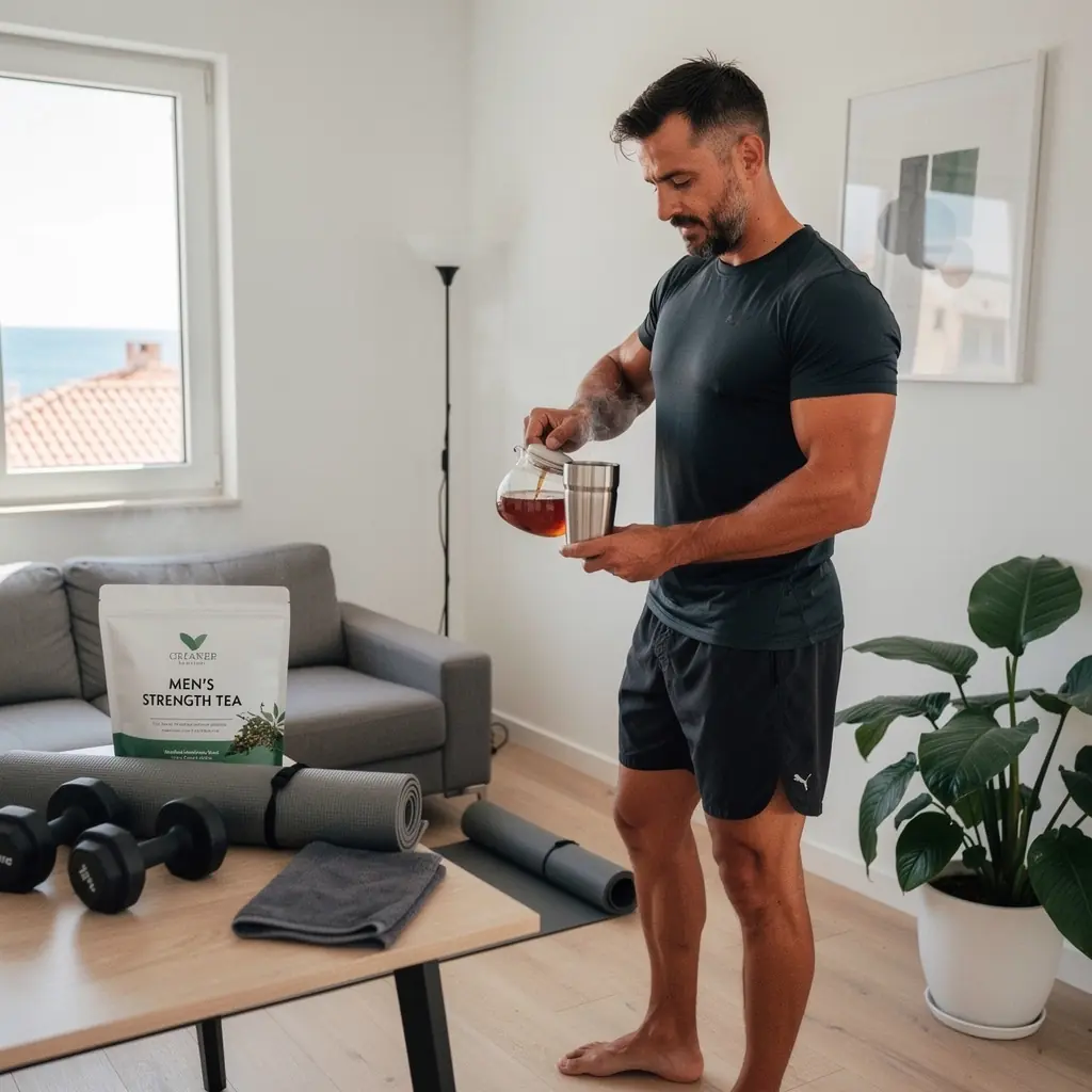 Čajna vrećica s etiketom "Čaj za jačanje mišića" uz šuplju šalicu.