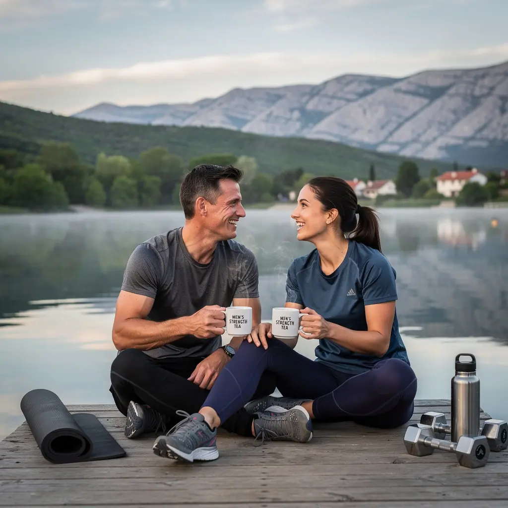 Muškarac trenira s bočicom čaja i zdjelicom s mješavinom proteina.
