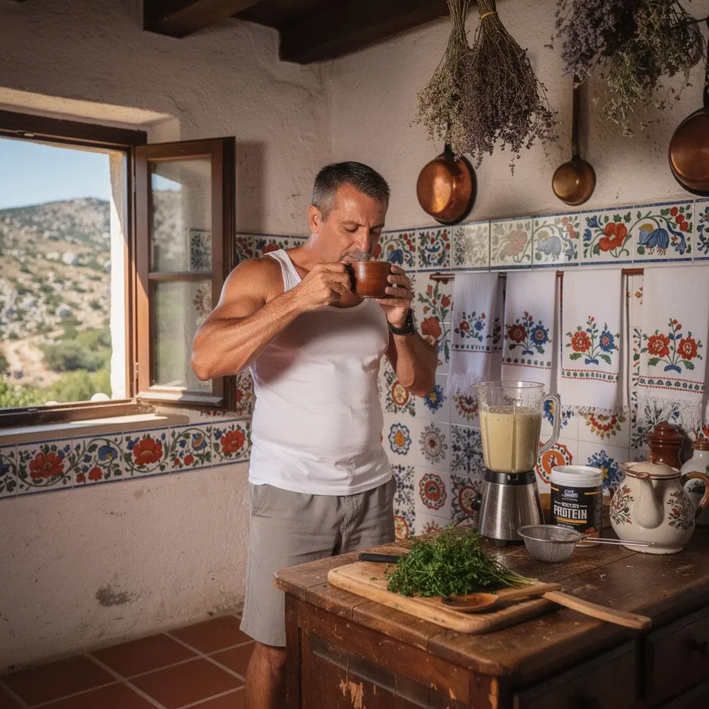 Pozadina prirode s čajem na stolu, simbolizirajući zdravlje.